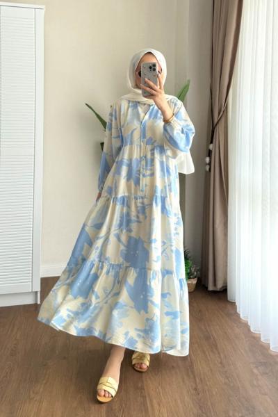 Yaprak Desenli Yarım Patlı Elbise Mavi