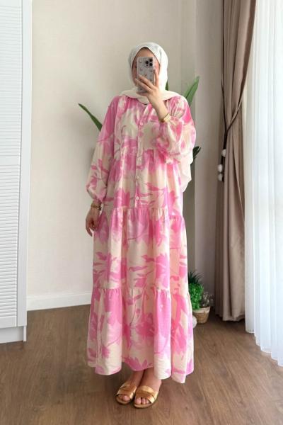 Yaprak Desenli Yarım Patlı Elbise Pembe