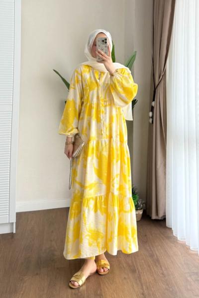 Yaprak Desenli Yarım Patlı Elbise Sarı