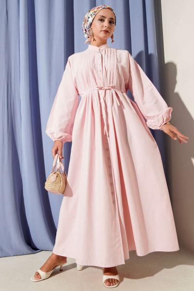 Nervürlü Kuşaklı Elbise Pembe