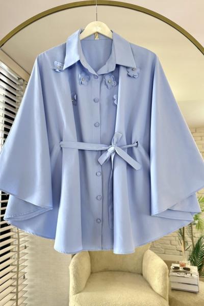 Çiçekli Panço Gömlek Mavi