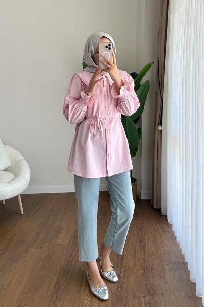 İncili Poplin Tunik Pembe