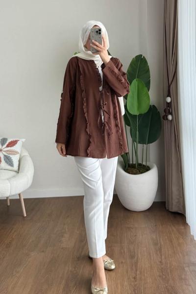 Fırfırlı Keten Kimono Kahverengi