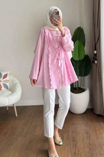 Fırfırlı Keten Kimono Pembe