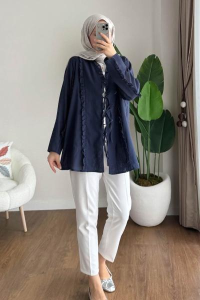 Fırfırlı Keten Kimono Lacivert