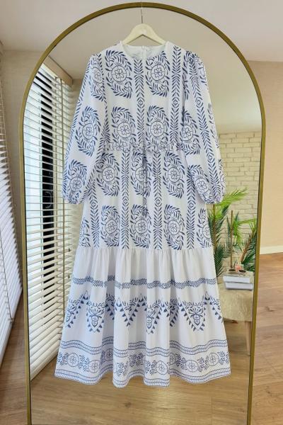 Etnik Desenli Elbise Beyaz