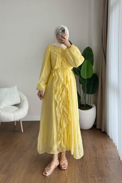 Kuğu Fırfırlı Elbise Sarı