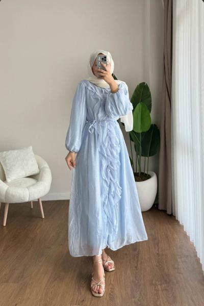 Kuğu Fırfırlı Elbise Mavi