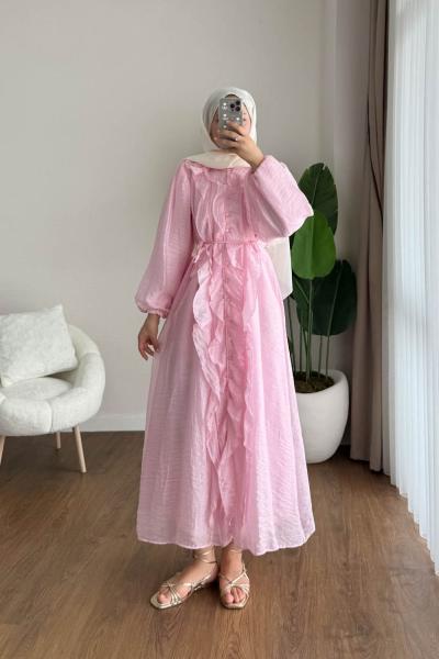 Kuğu Fırfırlı Elbise Pembe