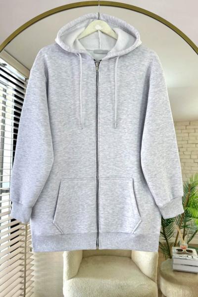 Fermuarlı Üç İplik Uzun Hırka Gri Melanj