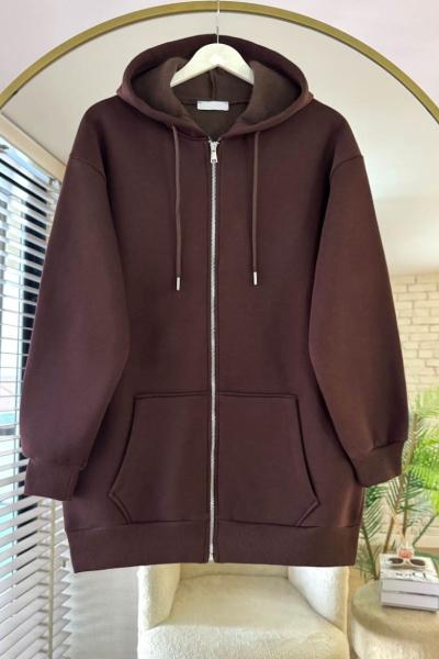 Fermuarlı Üç İplik Uzun Hırka Kahverengi