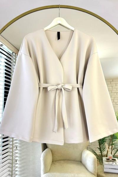 Kuşaklı Scuba Ceket Bej