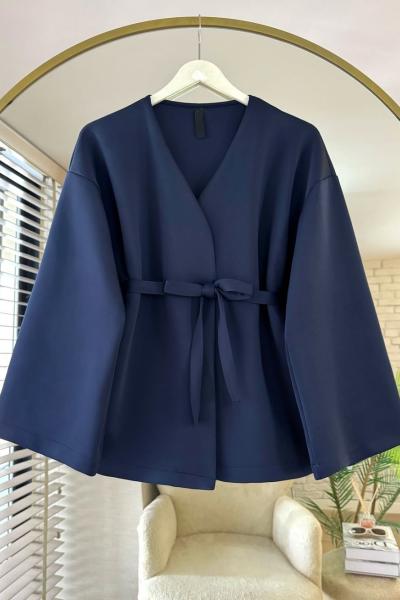 Kuşaklı Scuba Ceket Lacivert