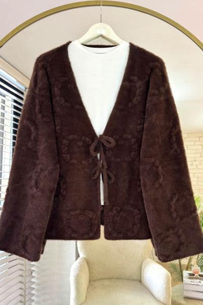 Bağcıklı Sakallı Kısa Triko Hırka Kahverengi