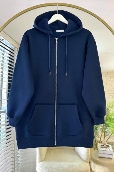 Fermuarlı Üç İplik Uzun Hırka Lacivert