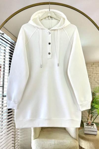 Patı Çıtçıtlı Kapüşonlu Sweathirt Beyaz