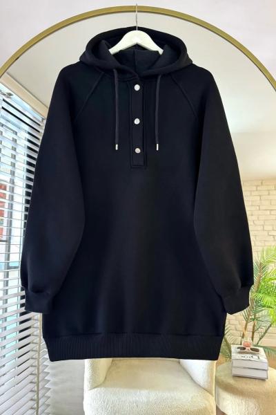 Patı Çıtçıtlı Kapüşonlu Sweathirt Siyah