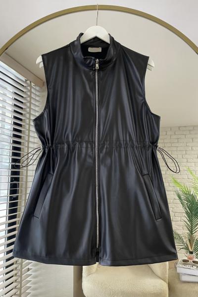 Beli Büzgülü Deri Yelek Siyah