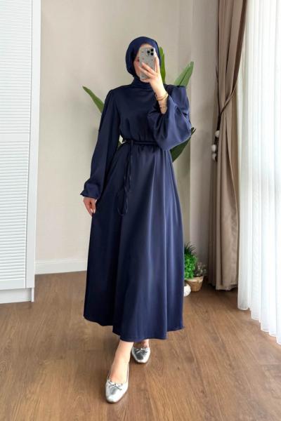 Balon Kol Saten Elbise Lacivert