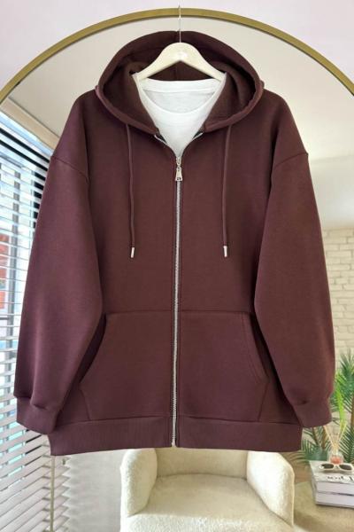 Oversize Fermuarlı Hırka Kahverengi