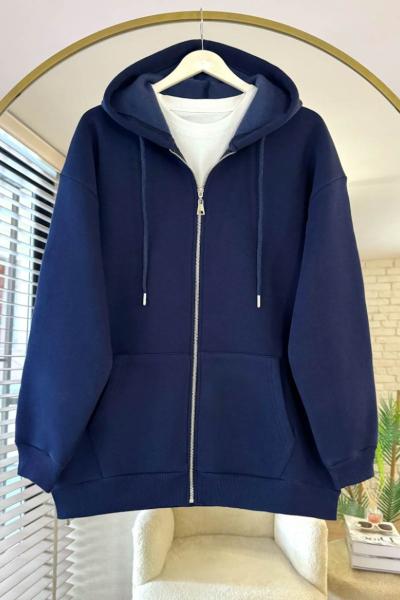 Oversize Fermuarlı Hırka Lacivert