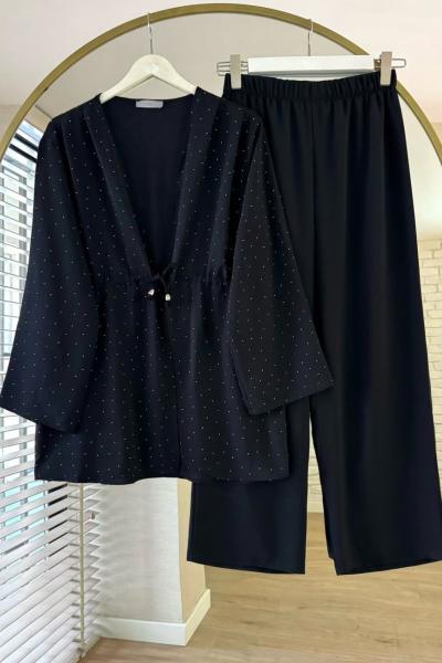 Taşlı Crep Takım Siyah