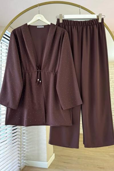 Taşlı Crep Takım Kahverengi