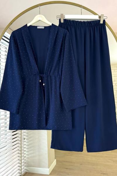 Taşlı Crep Takım Lacivert