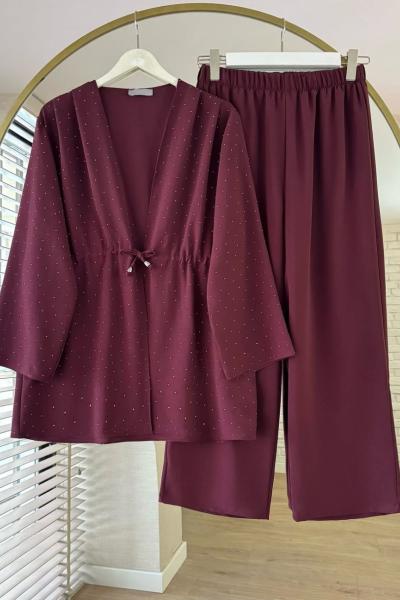Taşlı Crep Takım Bordo