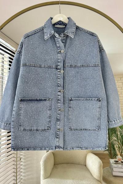 Taş Baskılı Kot Ceket Mavi