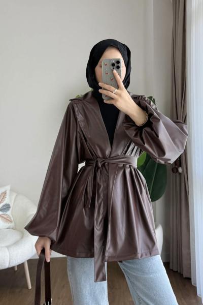 Balon Kol Beli Kuşaklı Deri Trenç Kahverengi