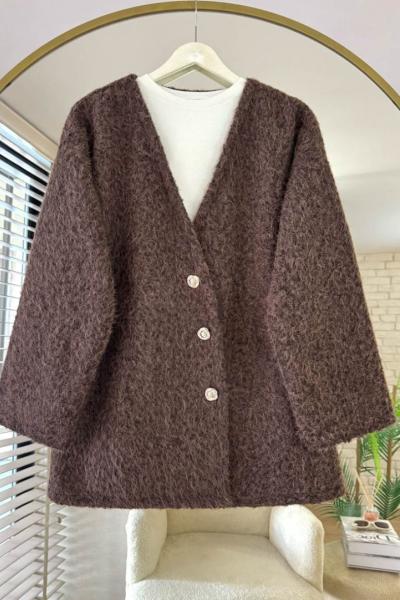 Asimetrik Düğmeli Kaşe Ceket Kahverengi