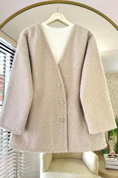 Asimetrik Düğmeli Kaşe Ceket Bej