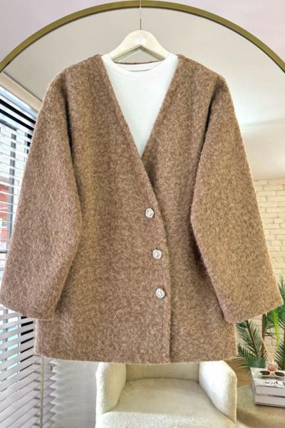 Asimetrik Düğmeli Kaşe Ceket Camel