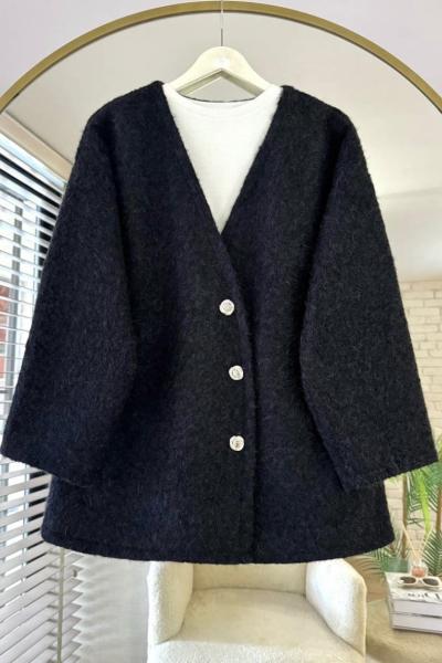 Asimetrik Düğmeli Kaşe Ceket Siyah