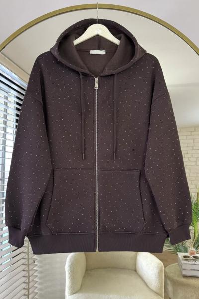 Taş Baskılı Üç İplik Hırka Kahverengi