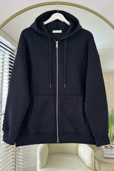 Taş Baskılı Üç İplik Hırka Siyah