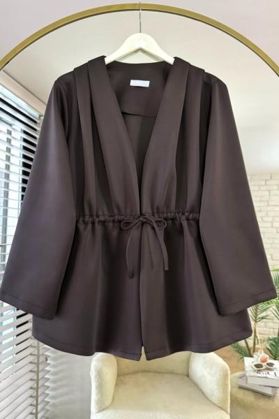 Pile Detaylı Büzgülü Scuba Ceket  Kahverengi