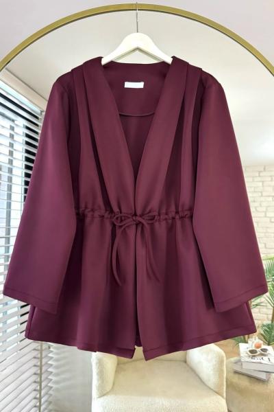 Pile Detaylı Büzgülü Scuba Ceket  Bordo