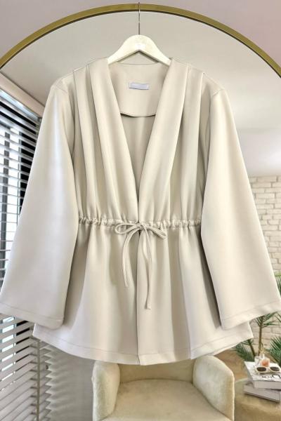 Pile Detaylı Büzgülü Scuba Ceket  Bej