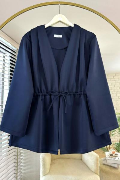 Pile Detaylı Büzgülü Scuba Ceket  Lacivert