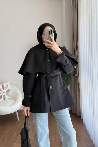 Pelerin Detaylı Ara Boy Trenç Siyah