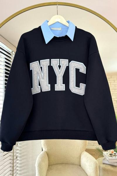 NYC Nakışlı Yakalı Üç İplik Sweatshirt Lacivert