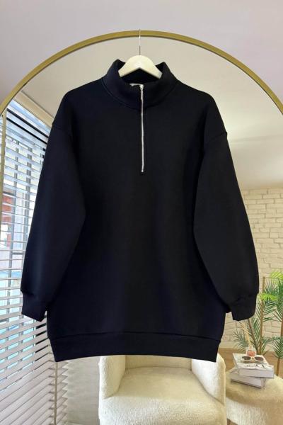 Yarım Fermuarlı Üç İplik Sweatshirt Siyah