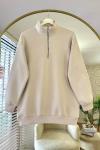 Yarım Fermuarlı Üç İplik Sweatshirt Bej