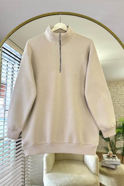 Yarım Fermuarlı Üç İplik Sweatshirt Bej