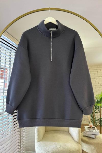 Yarım Fermuarlı Üç İplik Sweatshirt Antrasit