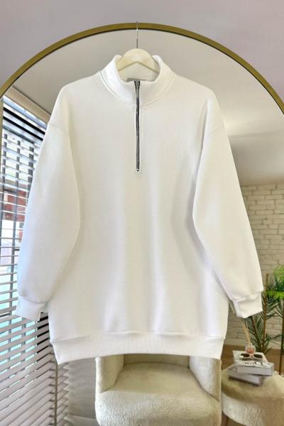 Yarım Fermuarlı Üç İplik Sweatshirt Beyaz