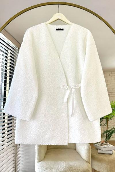Bağlamalı Buklet Ceket  Ekru