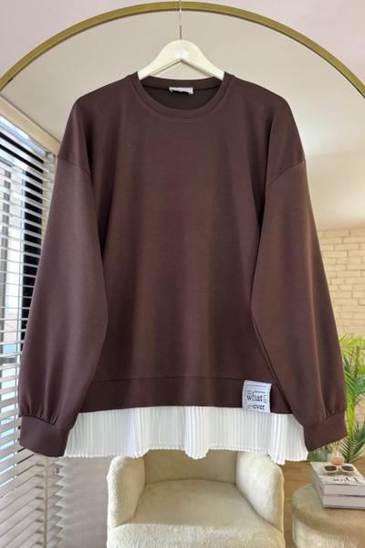 Eteği Piliseli Oversize Tunik Kahverengi